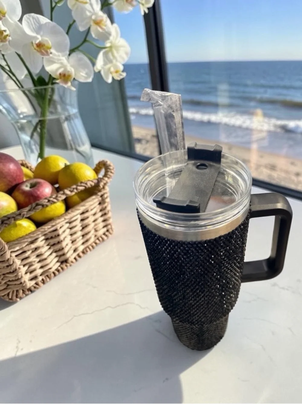 Black Rhinestone Bling Travel Tumbler Spill-Proof Lid Straw Handle 40 ounces NIB